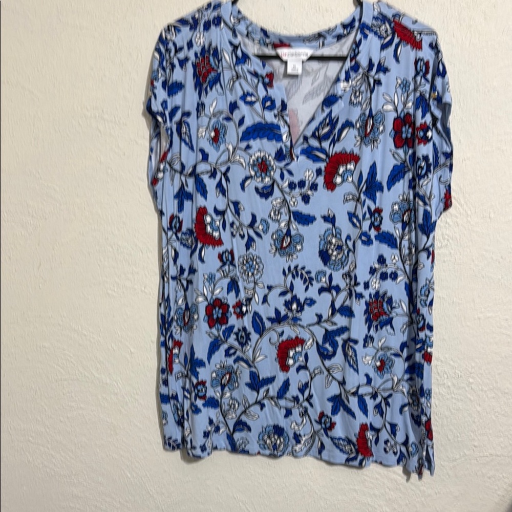 Liz Claiborne Blue and Red Cap Sleeve Relaxed Blouse